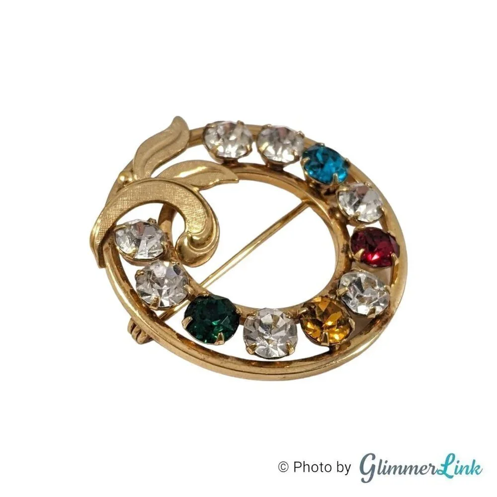 Vintage Van Dell Mid-Century Multicolor Rhinestone Wreath Gold Filled Brooch Pin